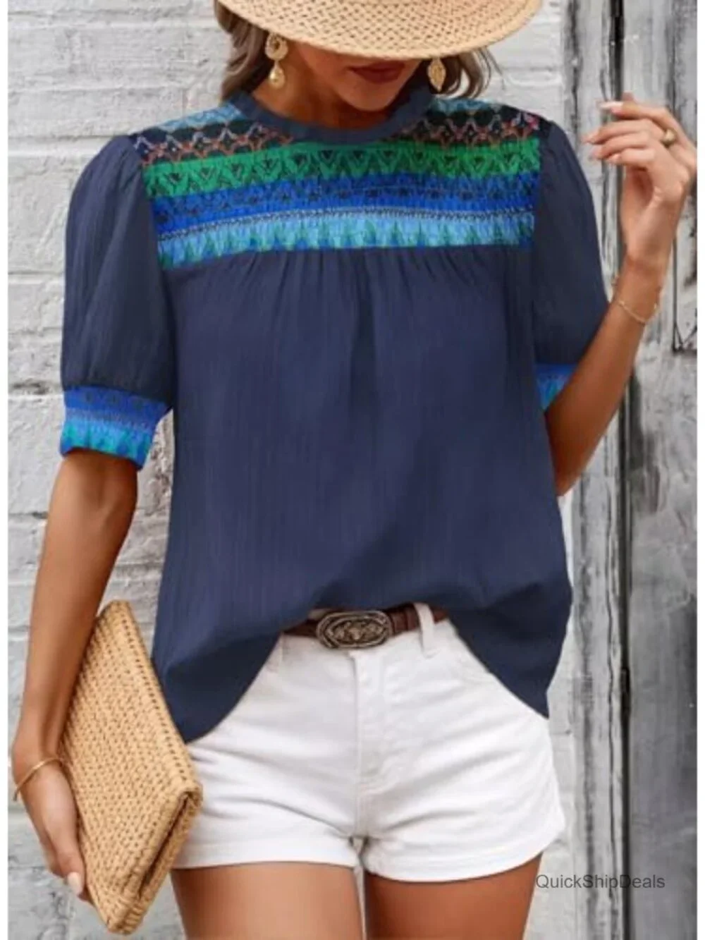 Boho Geometric Ruffle Crewneck Tunic Blouse Short Puff Sleeve Chiffon Shirt
